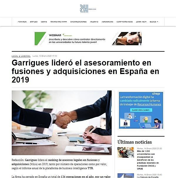 Garrigues lider el asesoramiento en fusiones y adquisiciones en Espaa en 2019